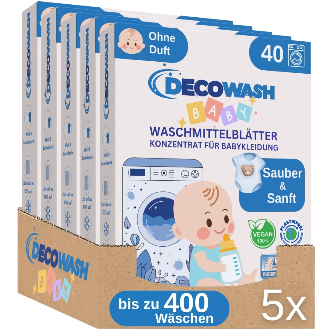Waschmittelblätter für Babykleidung (bis zu 400 Wäschen) – Duftfrei, Hypoallergen & Ökologisch | Tiefenreinigung für empfindliche Haut | Biologisch abbaubar, vegan & plastikfrei – Babywaschmittel