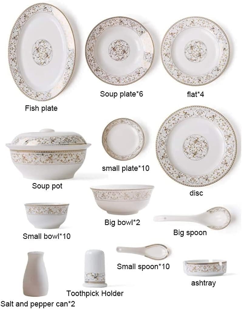 食器セット、セラミック食器セット（50ピース）、ボウル/ストックポット/皿/スプーン付き｜ボーンチャイナディナーセット、リム磁器コン