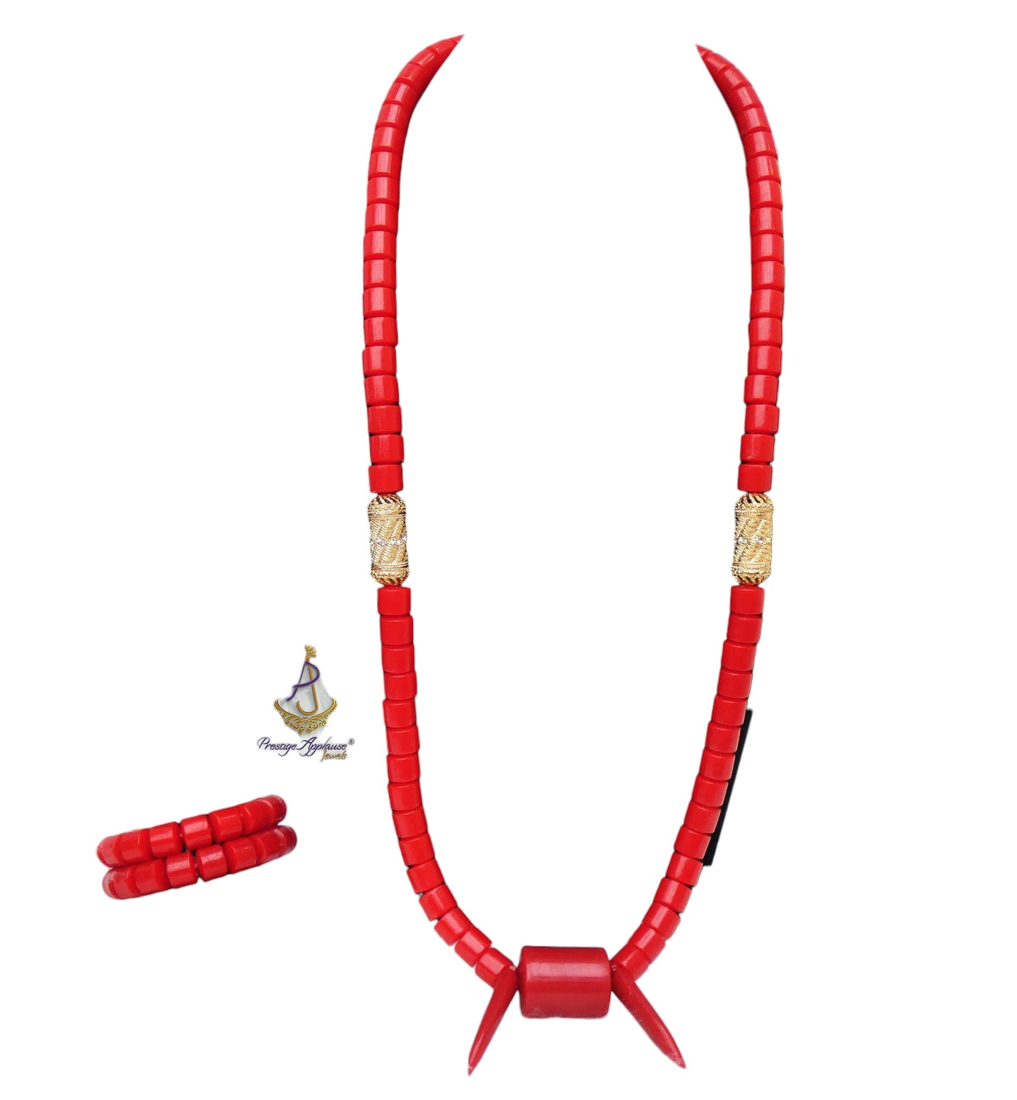 Parure traditionnelle africaine Edo Igbo en perles de corail blanc avec collier et bracelet - Motif éléphant - Bijou de mariage nigérian pour homme