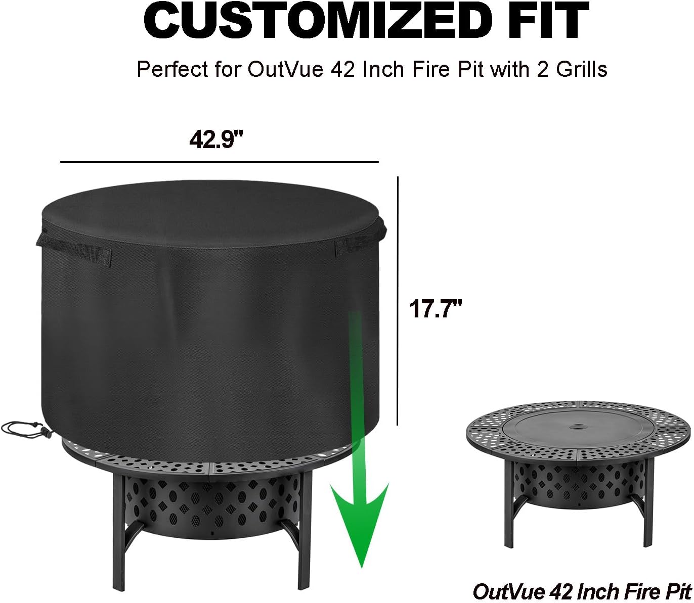 Fire Pit Cover for OutVue 42 Inch Fire Pit, Heavy Duty Waterproof Anti-UV Firepit Cover, Outdoor Round Firepit Covers-Dual Side Handle, Drawstring Hem, Patio FirePit Table Covers