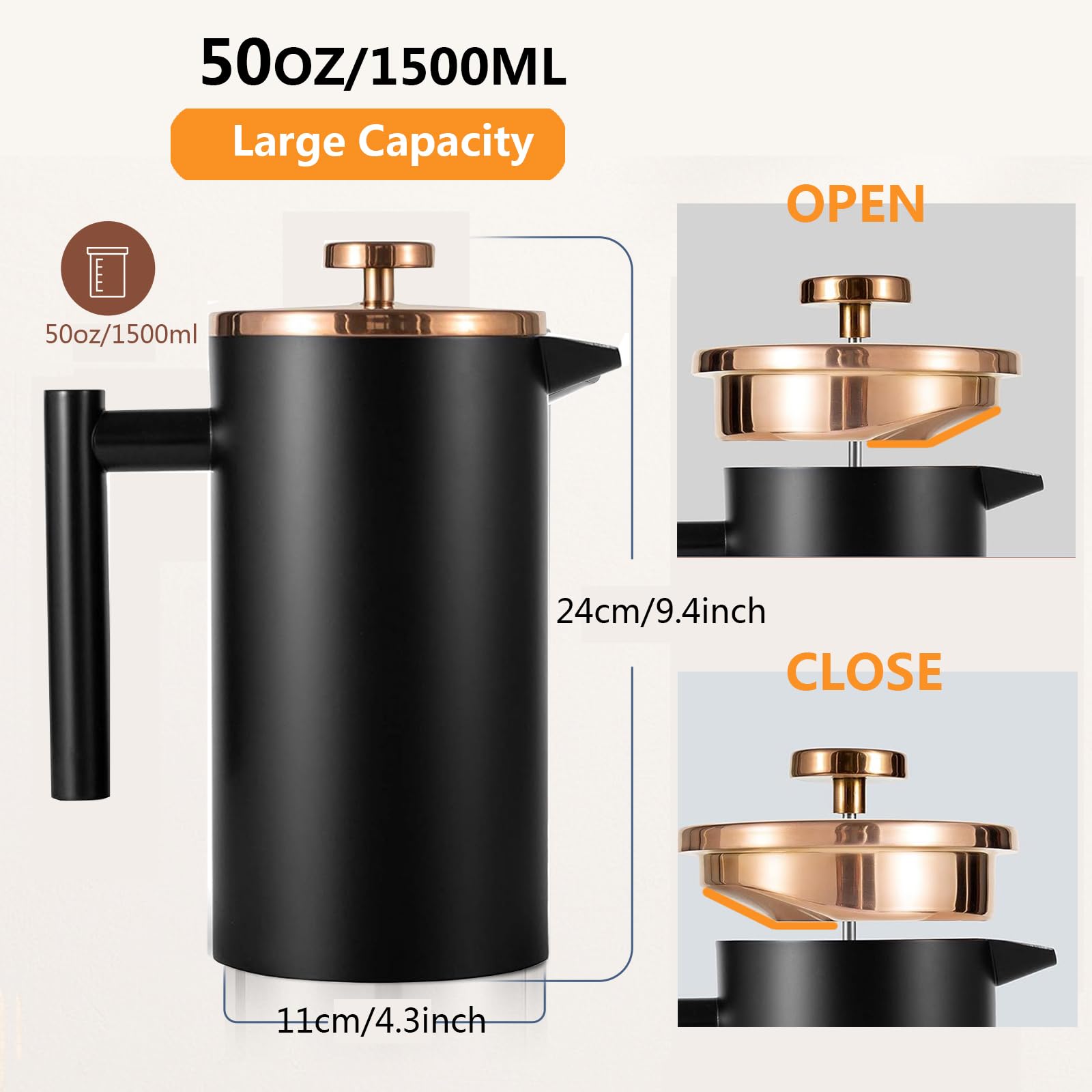 French Press CT-003-P - Prensa francesa de acero inoxidable, 52 onzas, color negro