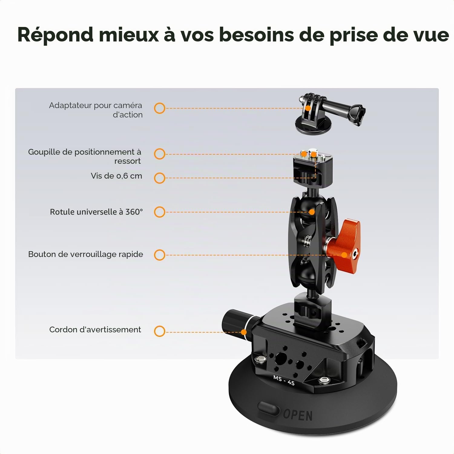 K&F CONCEPT Support à Ventouse 4,5″ (115 mm) avec Bras Magique Double Rotule, Pince Téléphone & Adaptateur GoPro – Fixation Caméra/Smartphone 1/4″ & 3/8″ pour Pare-Brise et Surface Lisse