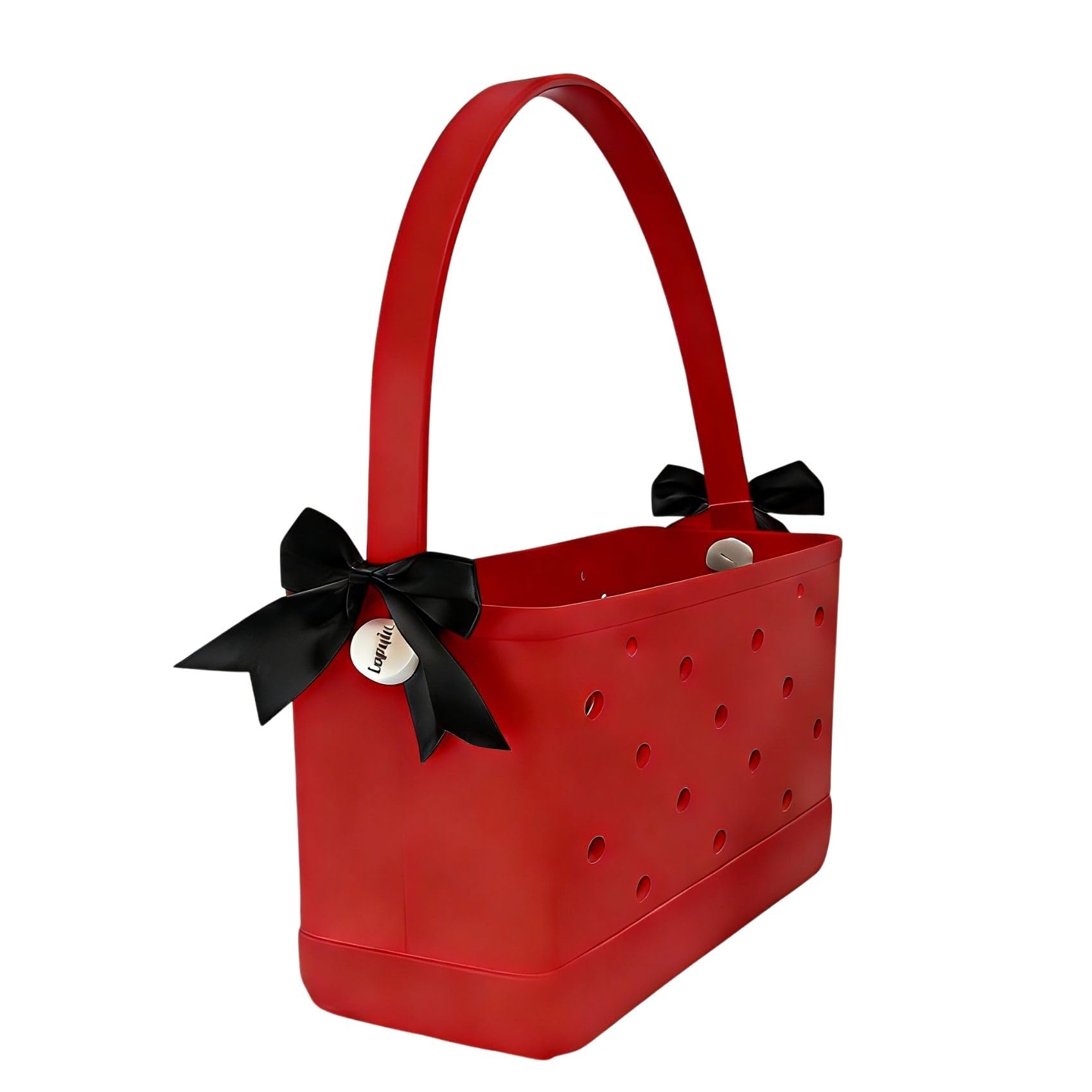 Small Rubber Beach Bag with Bow Decor Strap, Screw Buttons Lightweight Small Rubber Beach Tote Bag for Women