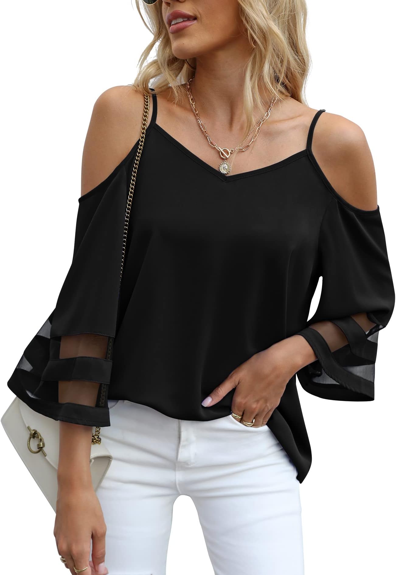 Womens Summer Cold Shoulder Tops Mesh Panel 3/4 Bell Sleeve Tees Adjustable Spaghetti Strap Loose Fit Shirts
