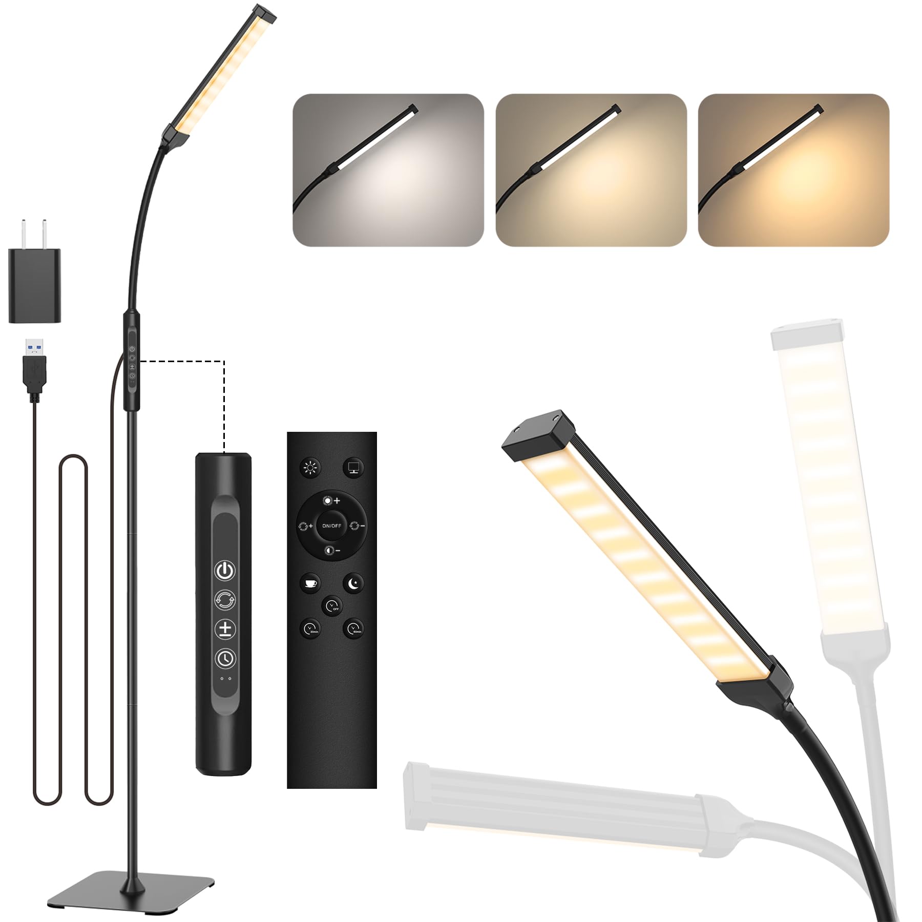 Mojimdo 120 LED Stehlampe, helle Stehlampen für Wohnzimmer, 3 Farbmodi & 10 Helligkeiten 3000K-6000K Standlicht, Schwanenhals Leselampe mit Fernbedienungen für Schlafzimmer Büro