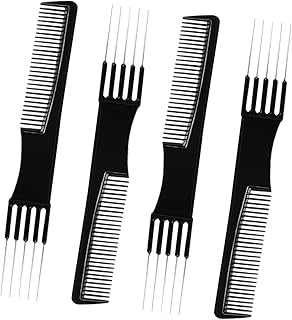 4-in-1 Black Carbon Lift Teasing Combs with 5 Metal Needles - Salon Teasing Back Comb with Metal Rat Tail Pin Styling Pick for Hair Styling