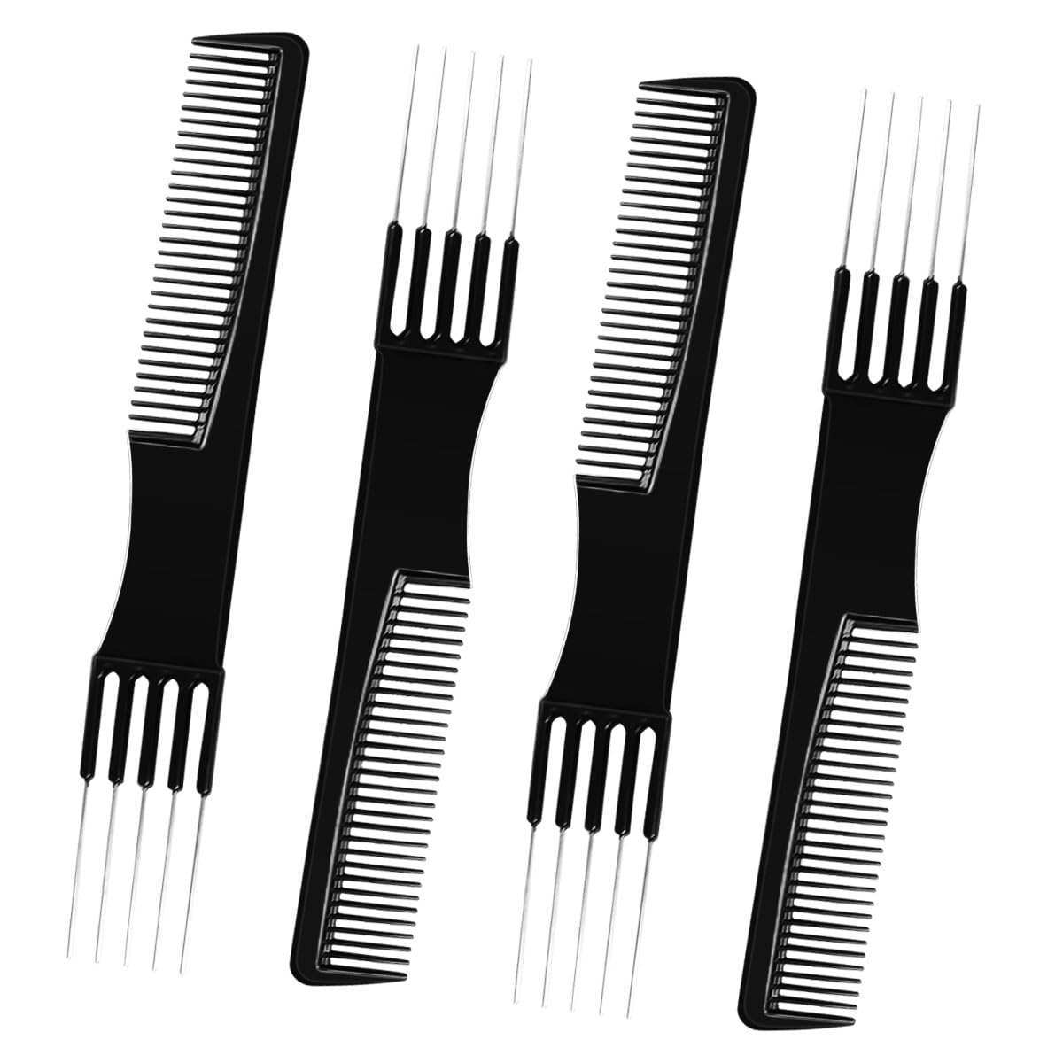 4-in-1 Black Carbon Lift Teasing Combs with 5 Metal Needles - Salon Teasing Back Comb with Metal Rat Tail Pin Styling Pick for Hair Styling
