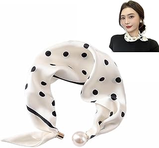 Magnetic Pearl Scarf,Satin Scarves for Women,Classic Printing Scarf,Elegant Neck Tie,Hair Bandanas Scarves,1 Piece. (1, white)