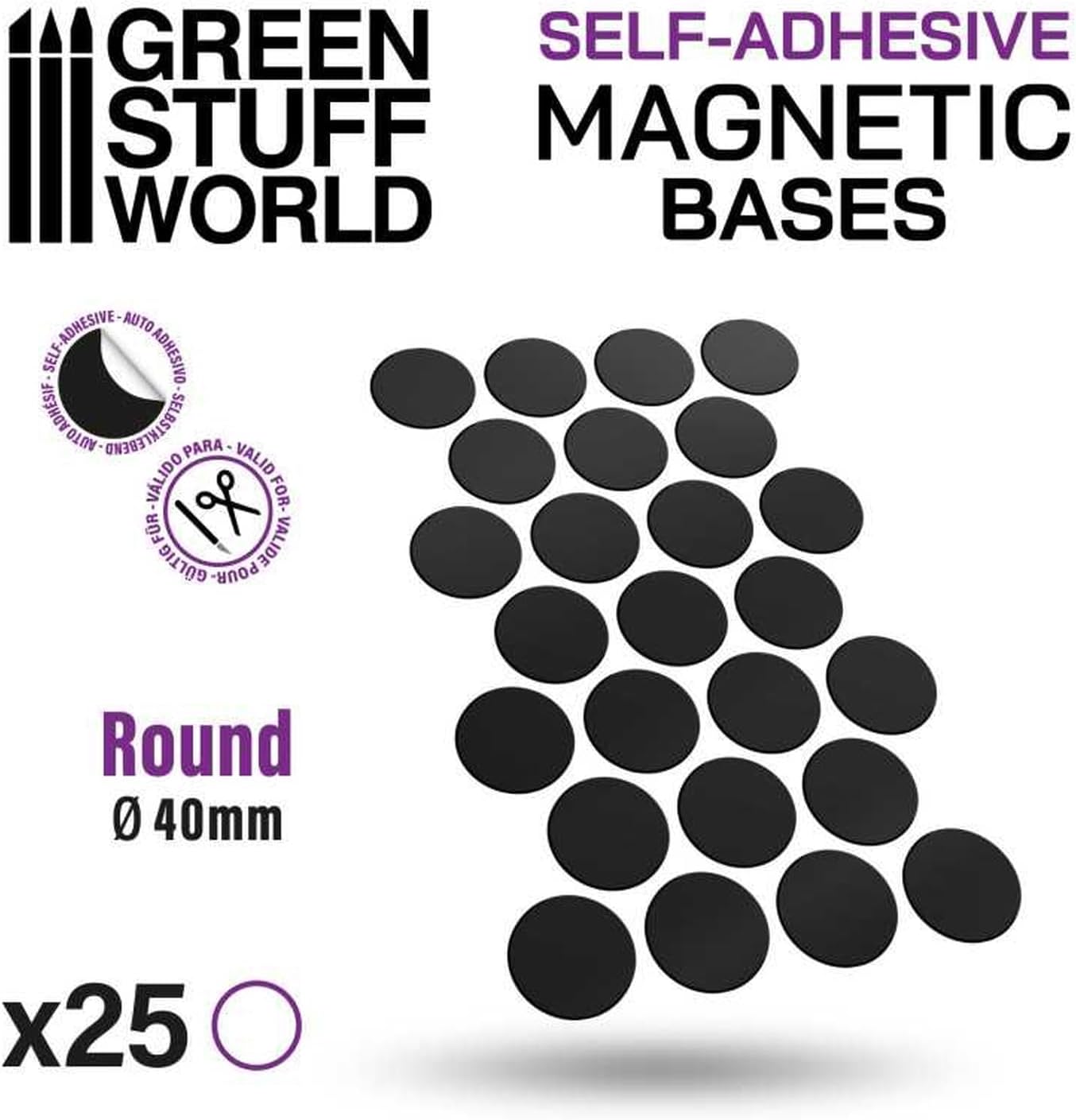 Greenstuff World GSWD-10864 Magnetic Sheet Round Diameter 1.6 inches (40 mm) Adhesive 25 Sheets Hobby Material