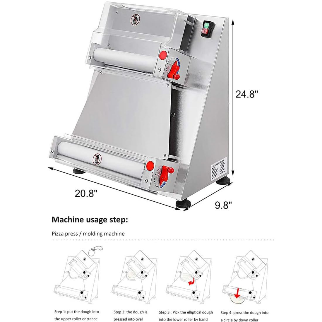 RENJJPBO Commercial Automatic Pizza Dough Roller Sheeter, Electric Dough Sheeter Machine, 370W Stainless Steel, Suitable for Noodle Pizza Bread (12inchpizza)
