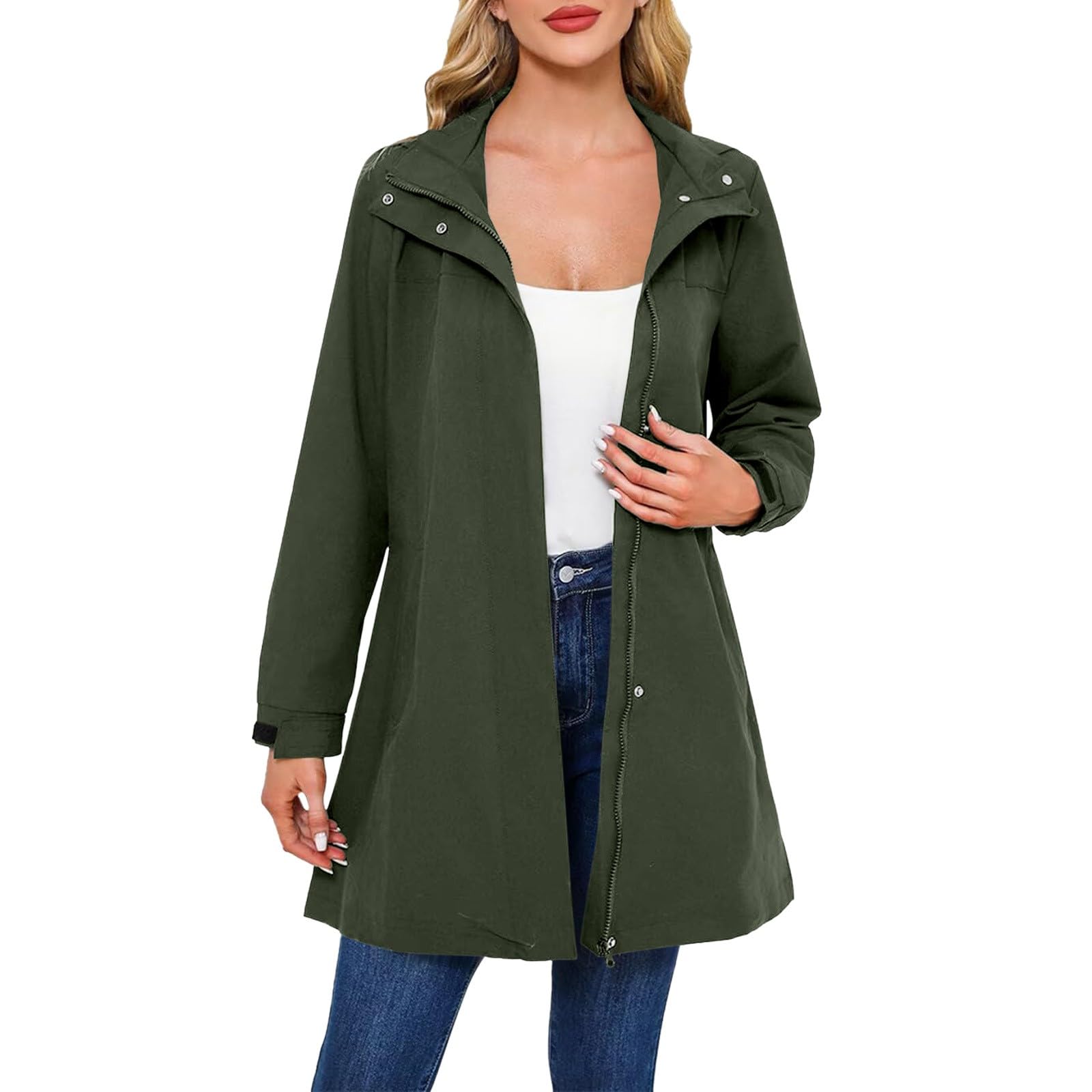 Generisch Poncho de lluvia para mujer, largo, impermeable, con capucha, transpirable, cortavientos, chaqueta de manga larga con cremallera, chaqueta ligera para el tiempo libre