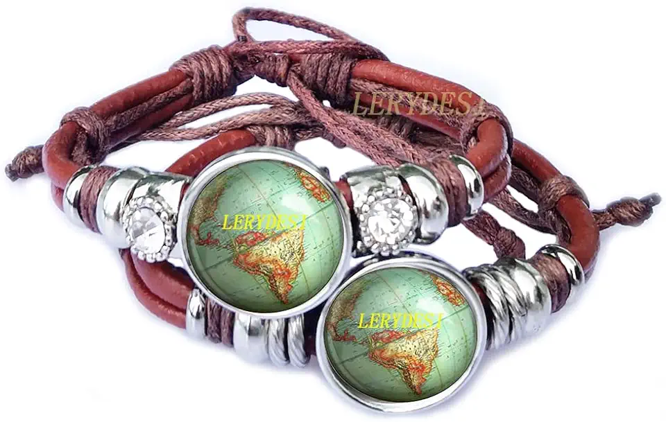 LERYDESI Pulseira de couro Globo Verde Planeta Terra Mapa do Mundo Pingente Arte Pingente Mapa Mundi Joias de Cristal Azul Contas de Cristal Preto Marrom Escuro Couro para Estudantes Mulheres Homem