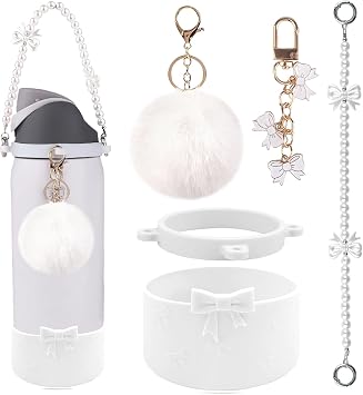 Water Bottle Accessories Set for Owala Accessories Includes 2.9in .3inch Silicone Bling Boot,Pearl Handle Strap, Plush Ball,Bow Charms for Owala FreeSip 24oz32 oz