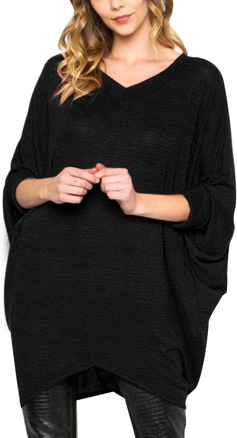 ACHIOOWA Womens Casual Jumpers Irregular Batwing Baggy Long Sleeve Tops Blouse T-Shirt Ladies Christmas Jumper Black M