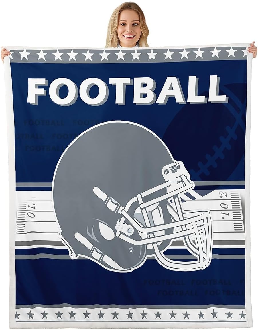 Feelyou American Football Plush Blanket Rugby Sports Game Sherpa Blanket Kids Boys Girls American Football City Fleece Throw Blanket Navy Blue Grey Fuzzy Blanket for Sofa Bed Couch,Twin 60x80 Inches