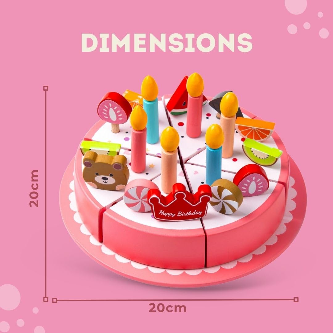 Cots and Cuddles Wooden Birthday Cake Pretend Play Set for Kids | 6 Slice Cuttable Cake with Candles, Toppings & Server | Imaginative Role Play Toy for Toddlers Age 3+ - Image 3 thumbnail