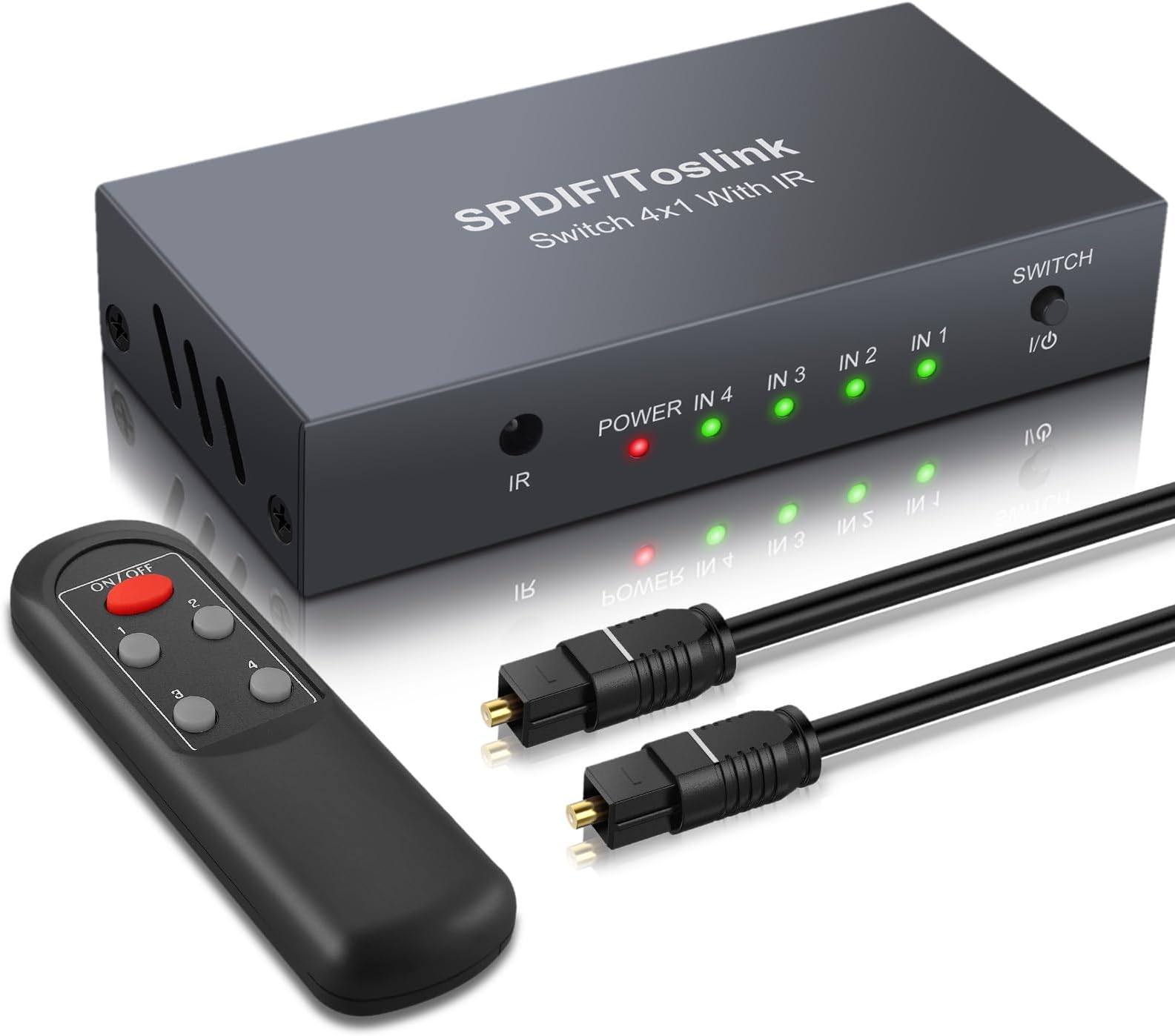 eSynic Digital Optical Audio Switcher Professional 4X1 Optical Audio Switcher Toslink Audio Switcher Box with IR Remote Control Supports PCM2.0 DTS Dolby-AC3 Compatible with PS3 PS4 HDTV etc