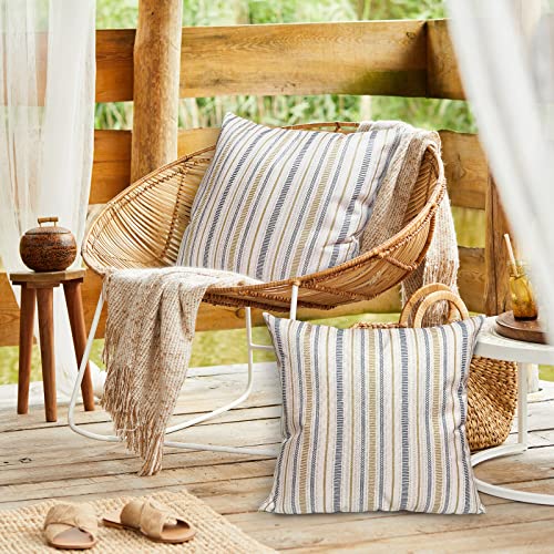 Alanroye Farmhouse Stripe Throw Pillow Covers 18X18 Inch For Couch Outdoor Boho Neutral Blue Yellow Beige Gold Set Of 2 Patio Square Waterproof Linen Pillowcase #TOP2