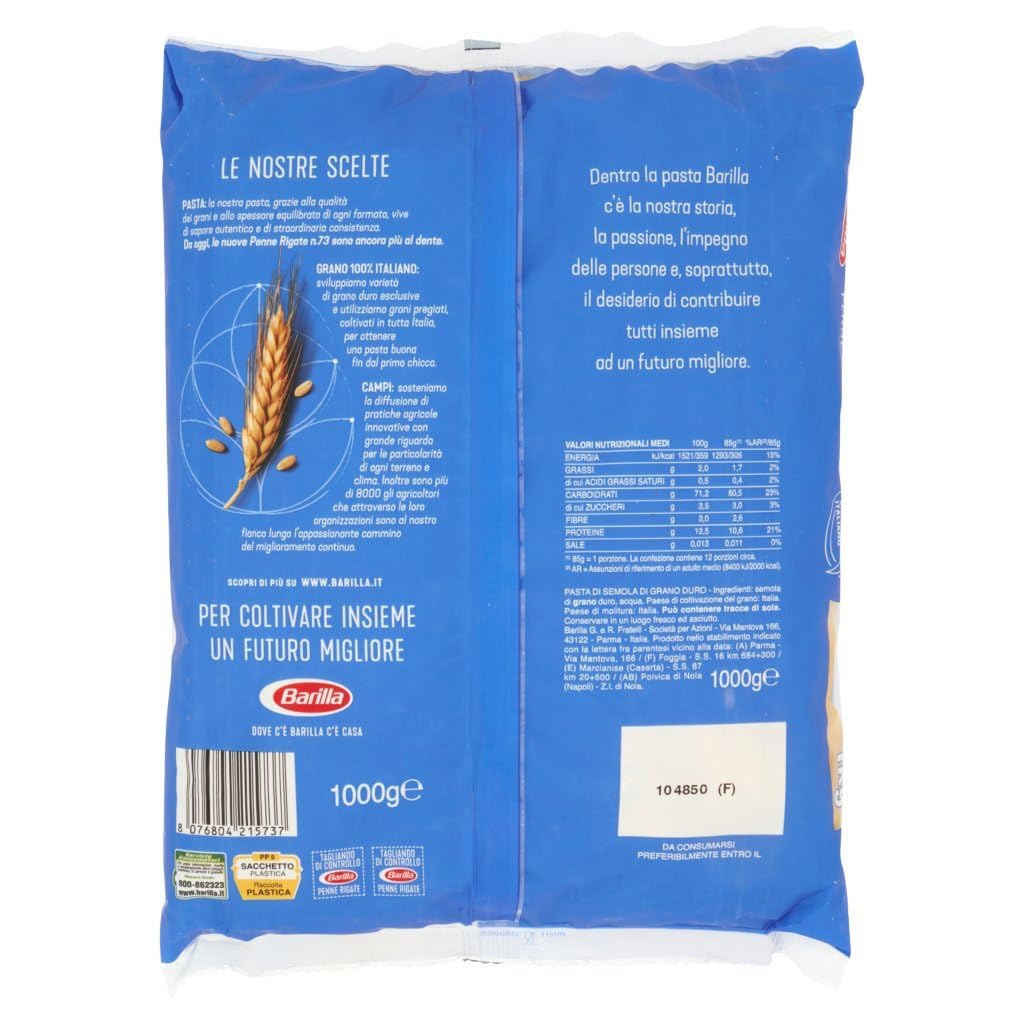 Pasta Barilla Penne rigate nº 73, 100% italiana, 1 kg + Polpa italiana Gourmet 400 g, 12 unidades