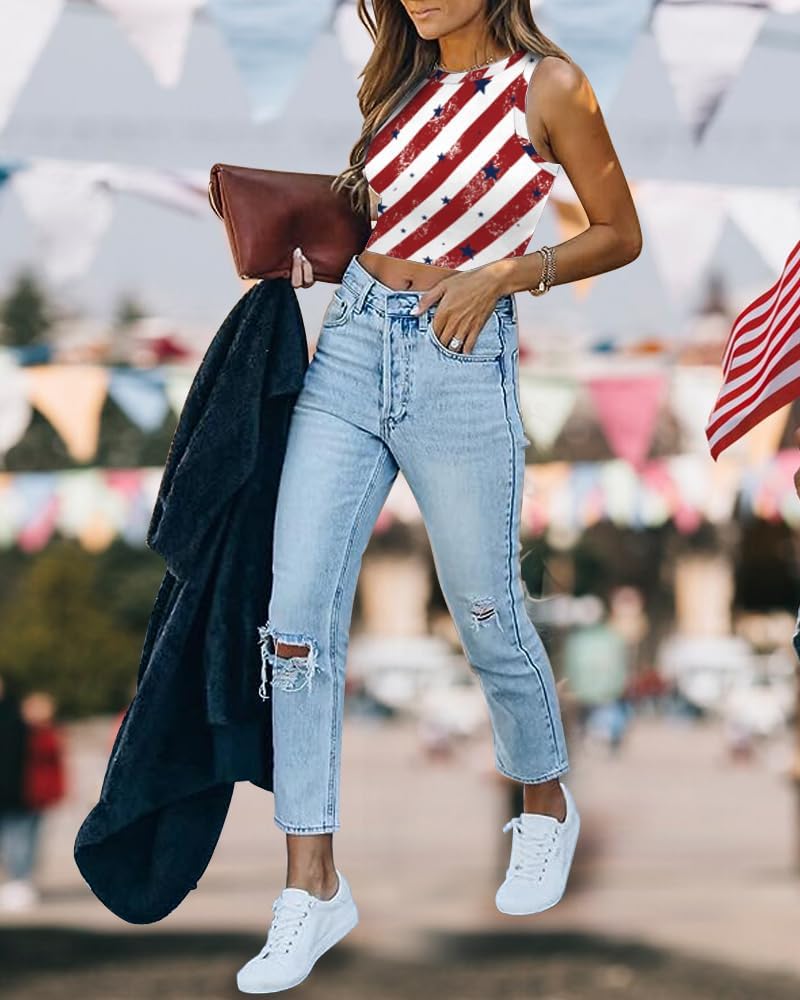 Eciodci Women's American Flag Crop Top USA Patriotic 4th of July Soft Summer Sleeveless USA Flag Crop Tank Tops for Women - Image 5