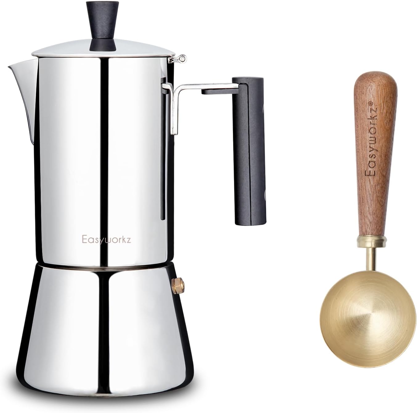 Easyworkz Pedro Stovetop Espresso Maker 4Cup 200ml, Bundled Retro Stainless Steel Coffee Spoon With Black Walnut Handle,10g - Measuring Spoon (Brushed gold)