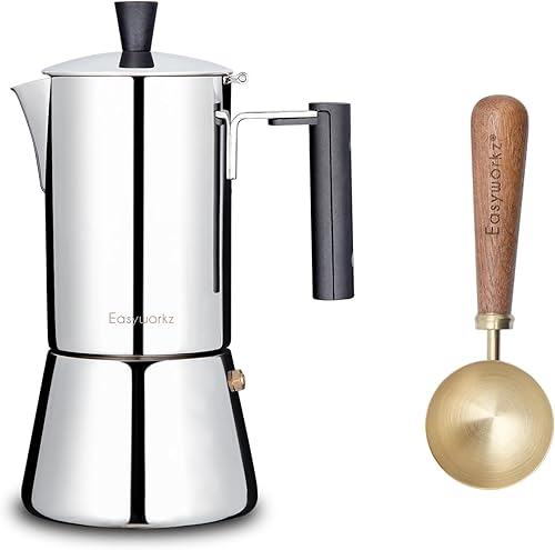 Easyworkz Pedro - Cafetera de café para estufa, 4 tazas, 6.8 fl oz, cuchara de café retro de acero inoxidable con mango de nogal negro, 0.35 oz,