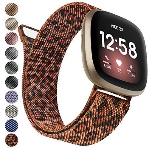 Strap compatible with Fitbit Versa 3 Straps/Versa 4 Strap/Fitbit Sense/Sense 2 Strap for Women Men, Breathable Stainless Steel Mesh Loop Adjustable Wristband Replacement Metal Strap (Leopard,Large)