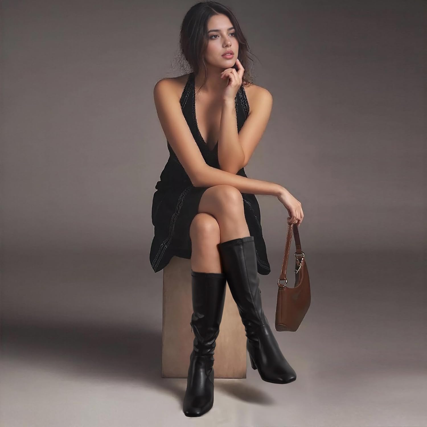 Cozivwaiy Knee High Boots For Women Black Chunky Heels Tall Boot Round Toe Mid Heel Comfortable Dress Shoes With Buckle Back Zipper