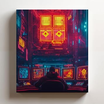 16 x 20 x 1.25 IN Gallery Wrapped Canvas Wall Art Print of Bauhaus Poster Player holding a royal flush at a neon-lit gaming room - 100% Cotton, Ready to Hang, High-Definition Gic - 925UNCAh567308WH