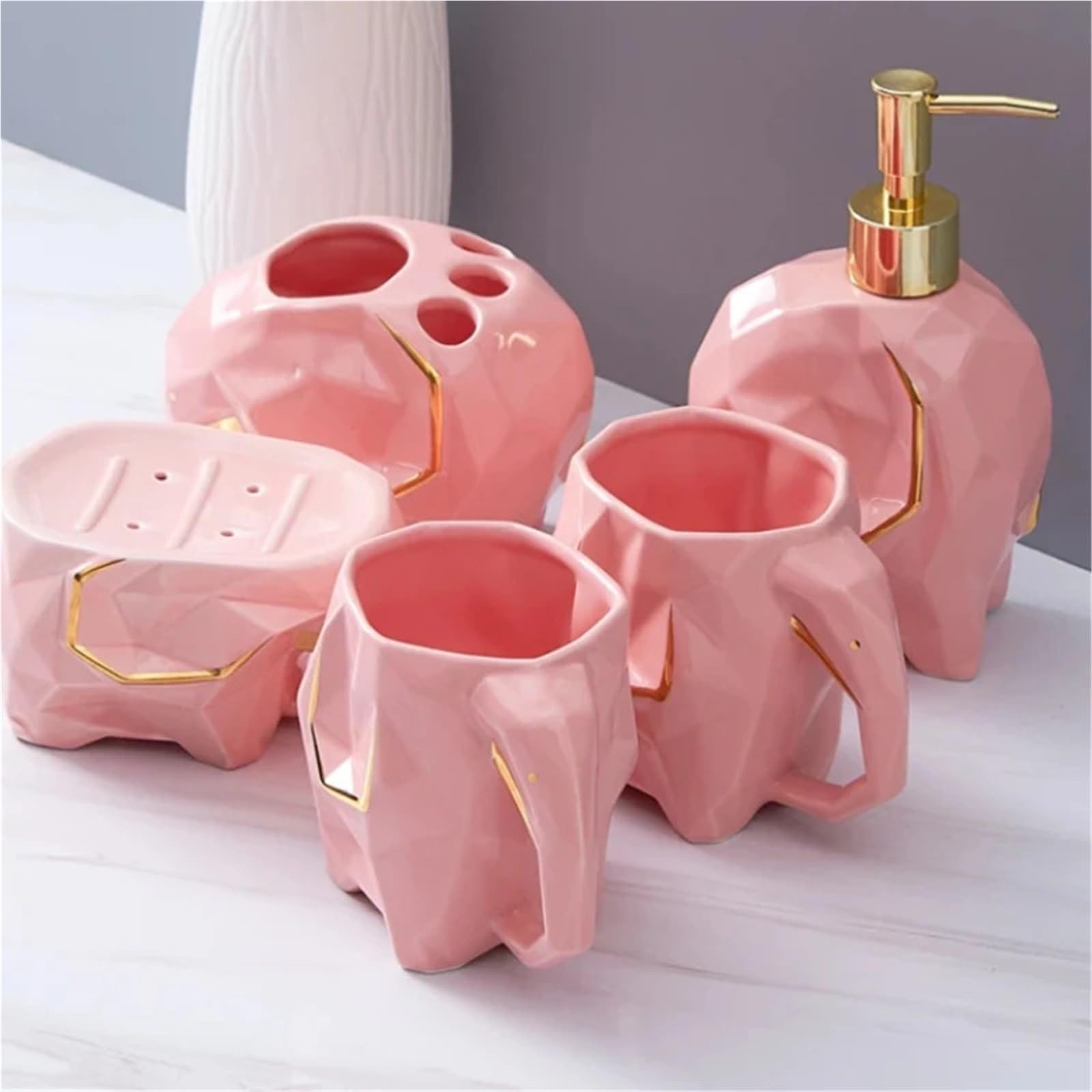Jabonera Baño Juego de baño con Forma Elefante, Vaso for la Boca, Soporte for Cepillo Dientes, Botella loción y jabonera for organizar(Dark Green 5pcs)