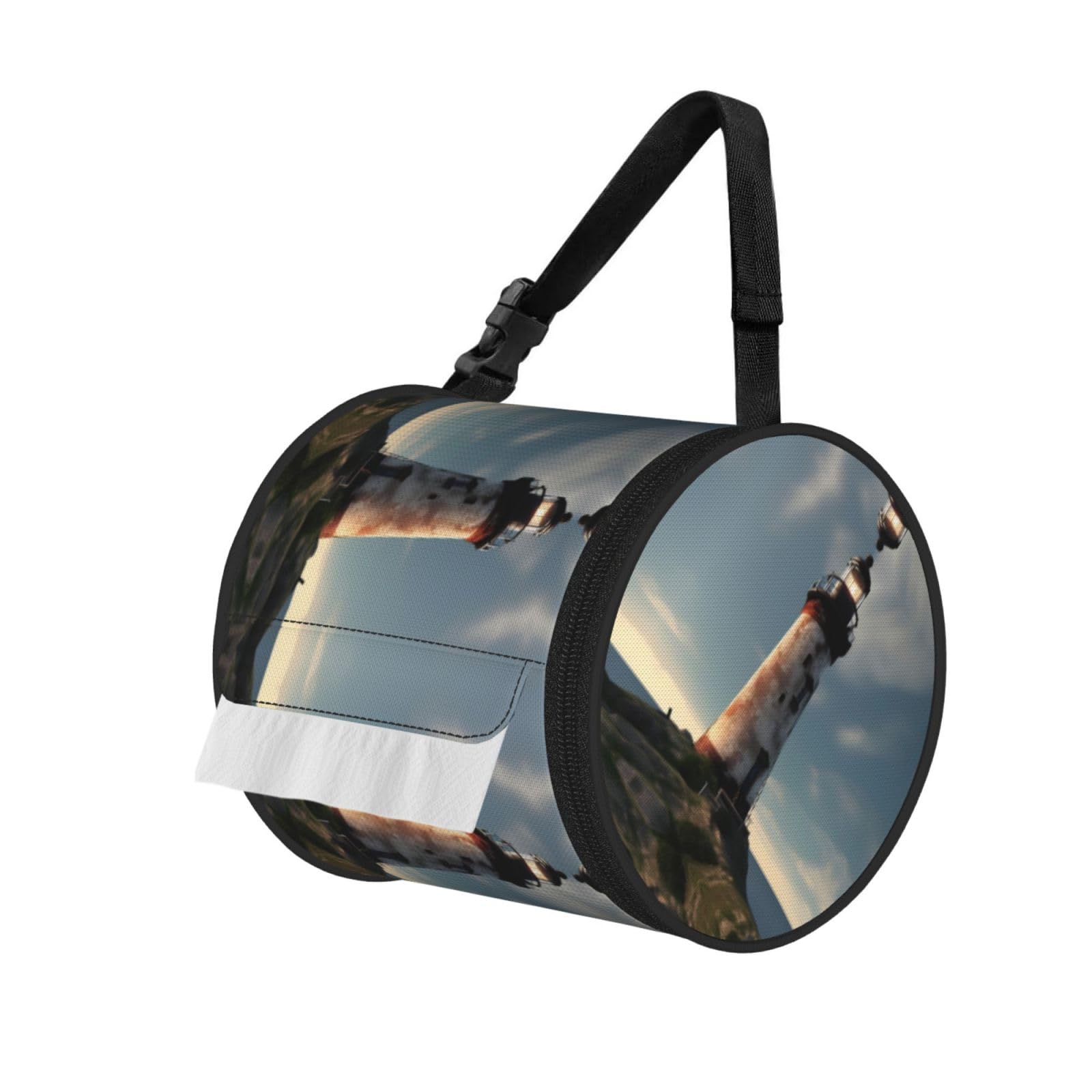 Jiuty Black Old Lighthouse Print Cylinder Tissue Organizer Bag With Strap, Portable Toilet Roll Holder For Camping Car