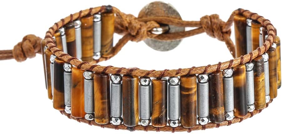 IUNIQUEEN Tigers Eye Hematite Healing Wrap Statement Adjustable Stone Bead Bracelet