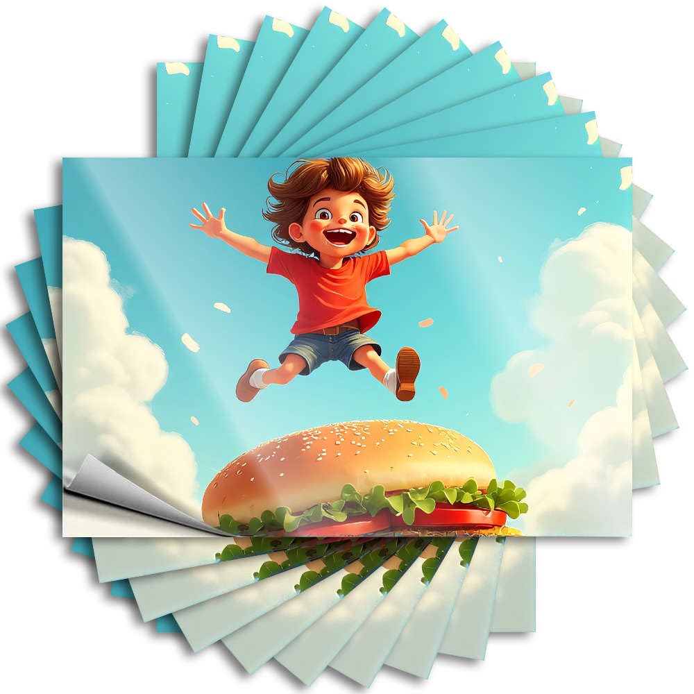 Camper Van Accessories Decals Laptop | A Child Jumps Joyfully Over A Giant Burger in The Sky. Encouragement Checkered Sticker Pack(8X12CM)