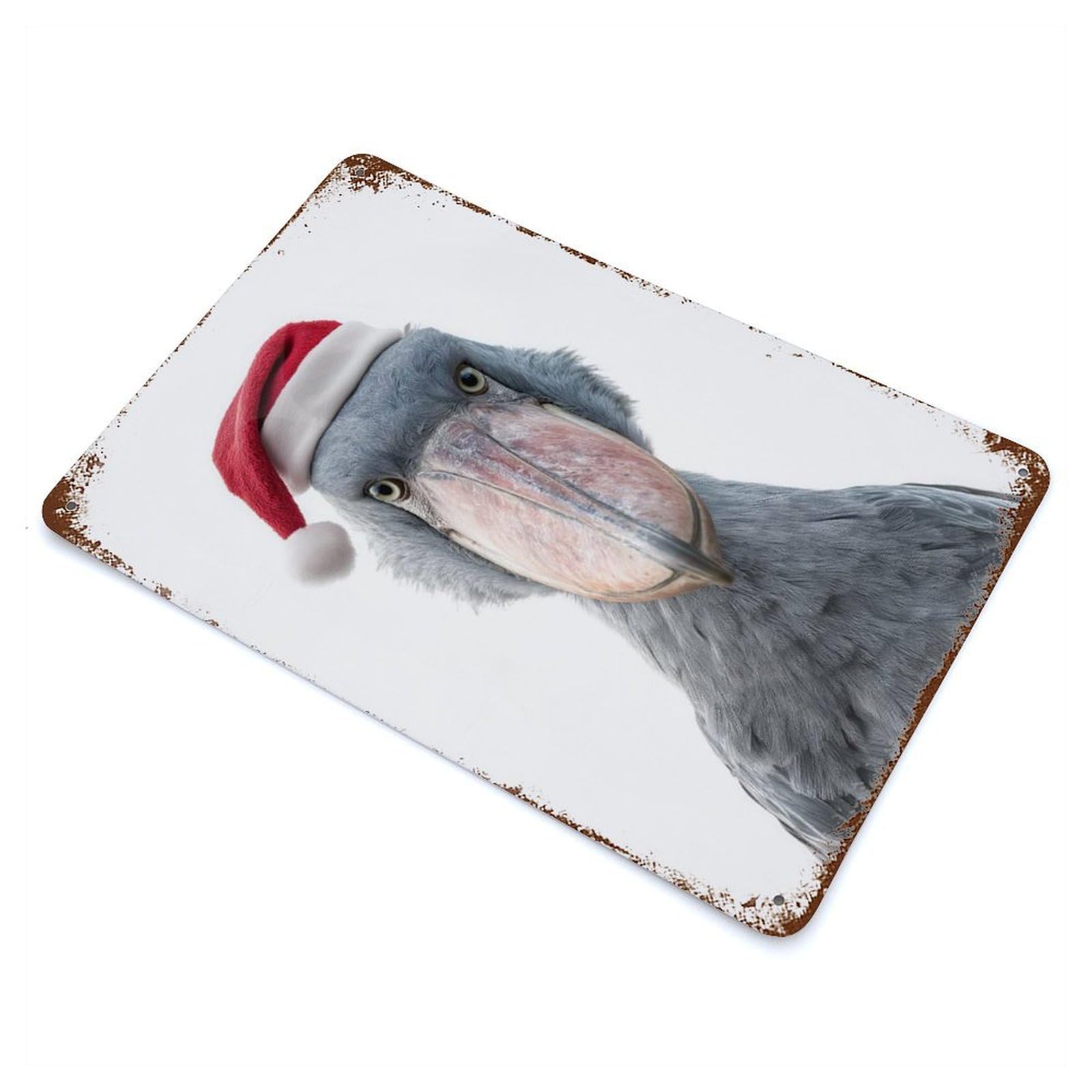 Vintage Rust Metal Sign Festive Shoebill Stork with Santa Hat 11.8"x7.9", Shabby Chic Decor for Cafe, Home Bar And Lounge Decor