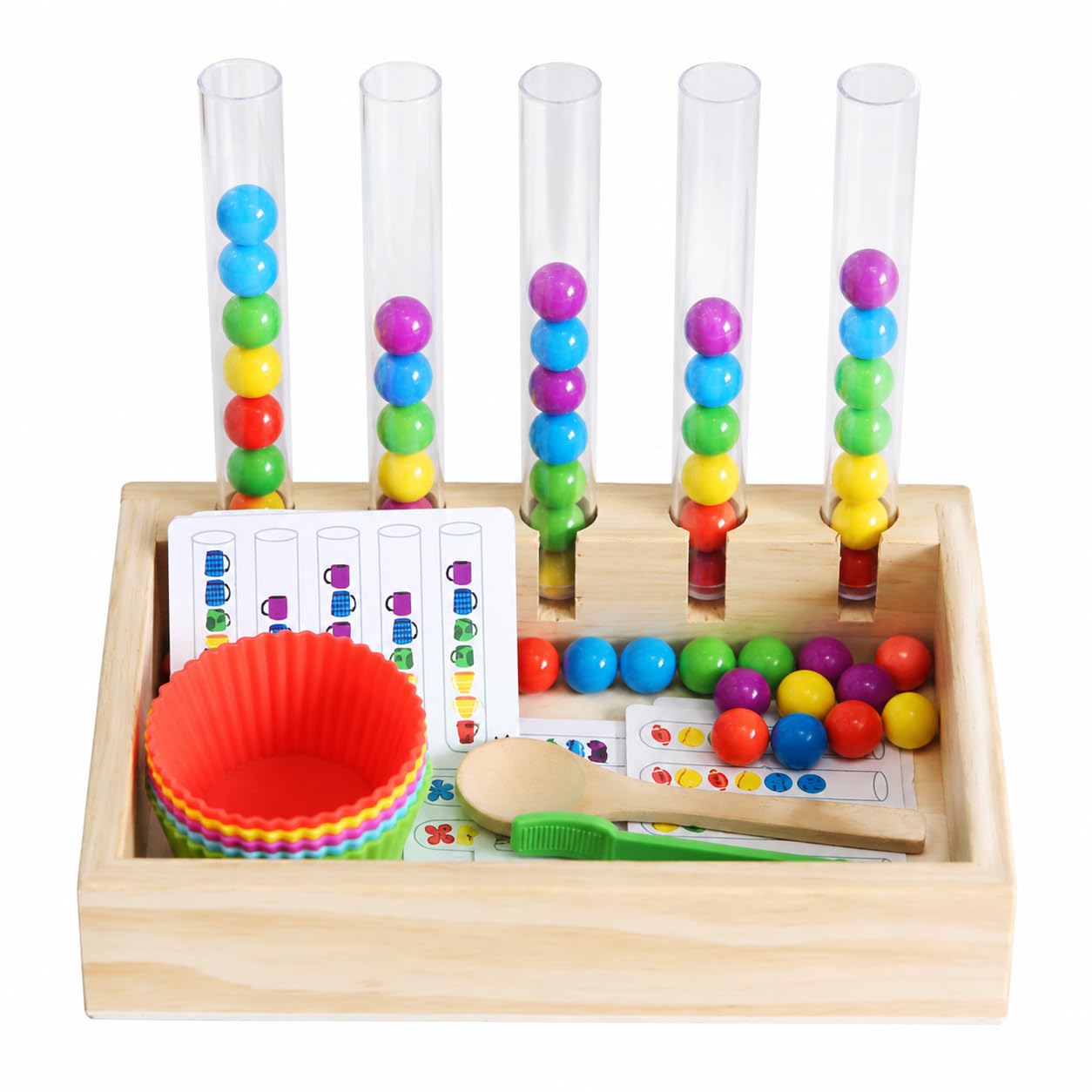 Jugue Educativo Madera, Set csificación Elementos con Tubos y Pinzas, Juego coordinación Ojo Mano, motricidad Fina 4-6 años