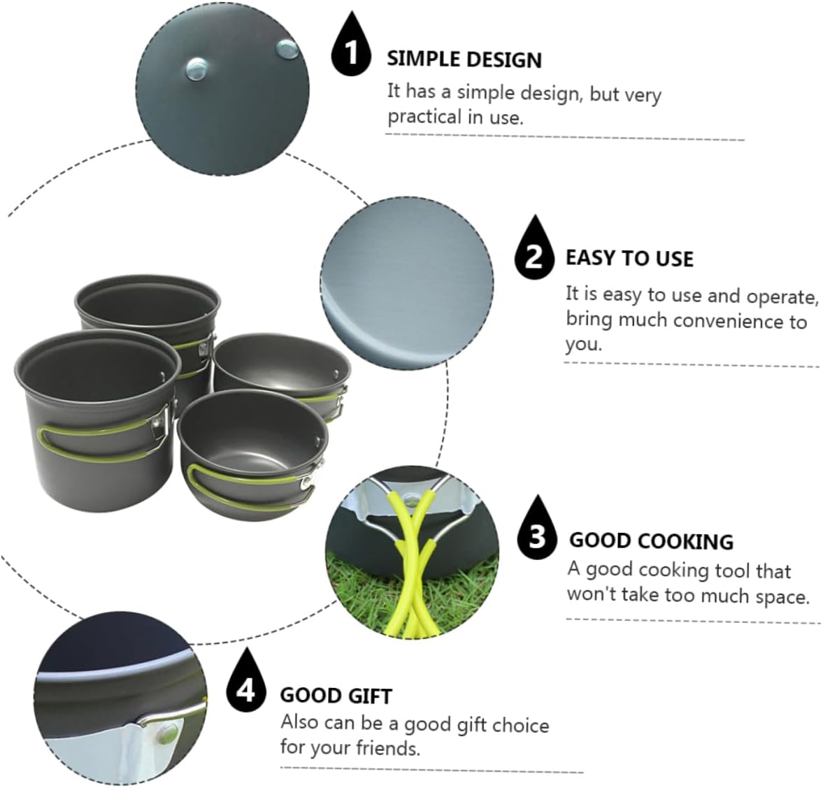 Portable Camping Cookware Set for 2-3 People 4-Piece Aluminum Alloy Cooking Utensils Lightweight Outdoor Cooking Kit Lid for Backpacking and Picnics