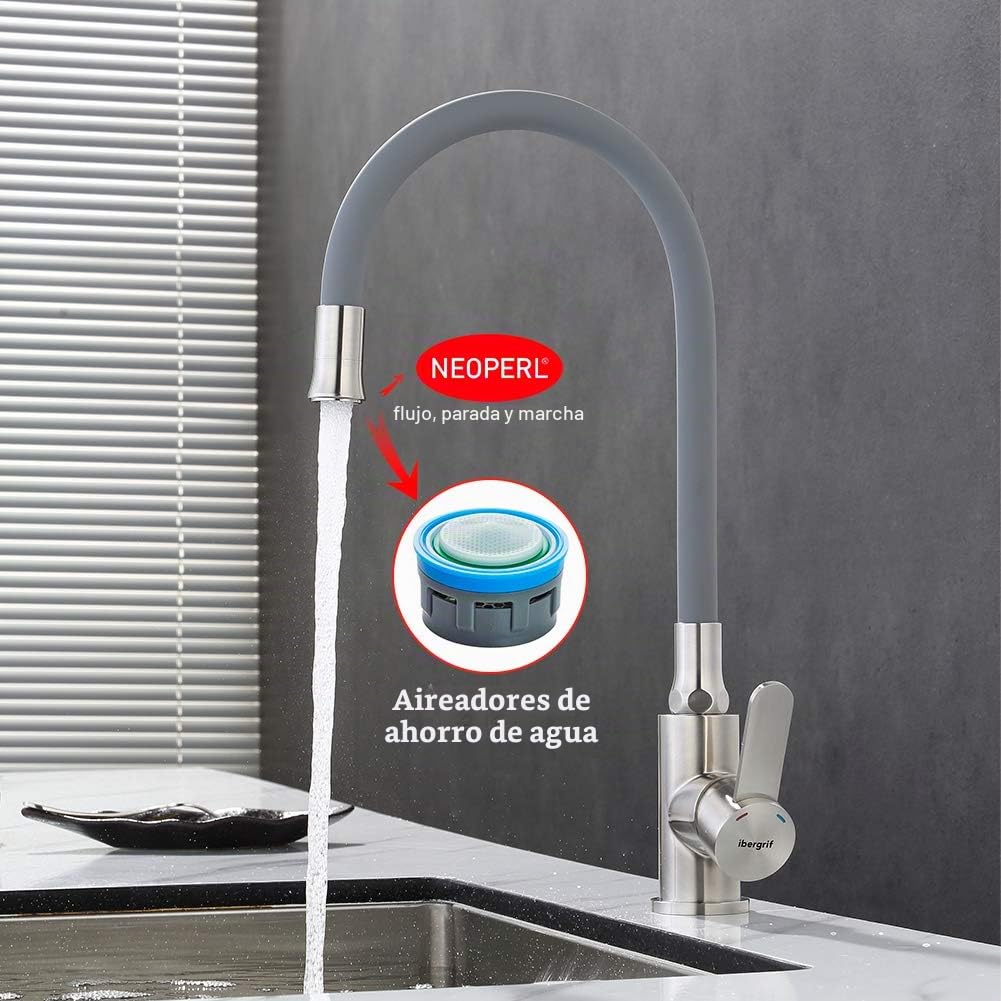 Ibergrif M22119-9 Grifo de Cocina Gris con Caño Flexible Universal, Grifería para Fregadero, Acero Inoxidable Cepillado, Gris, 3/8"