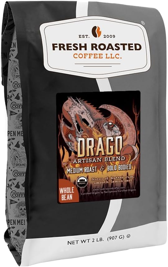 Fresh Roasted Coffee, Organic Drago Café Blend Whole Bean Coffee, Medium Roast, USDA Organic, Kosher, 2 lb (32 oz)