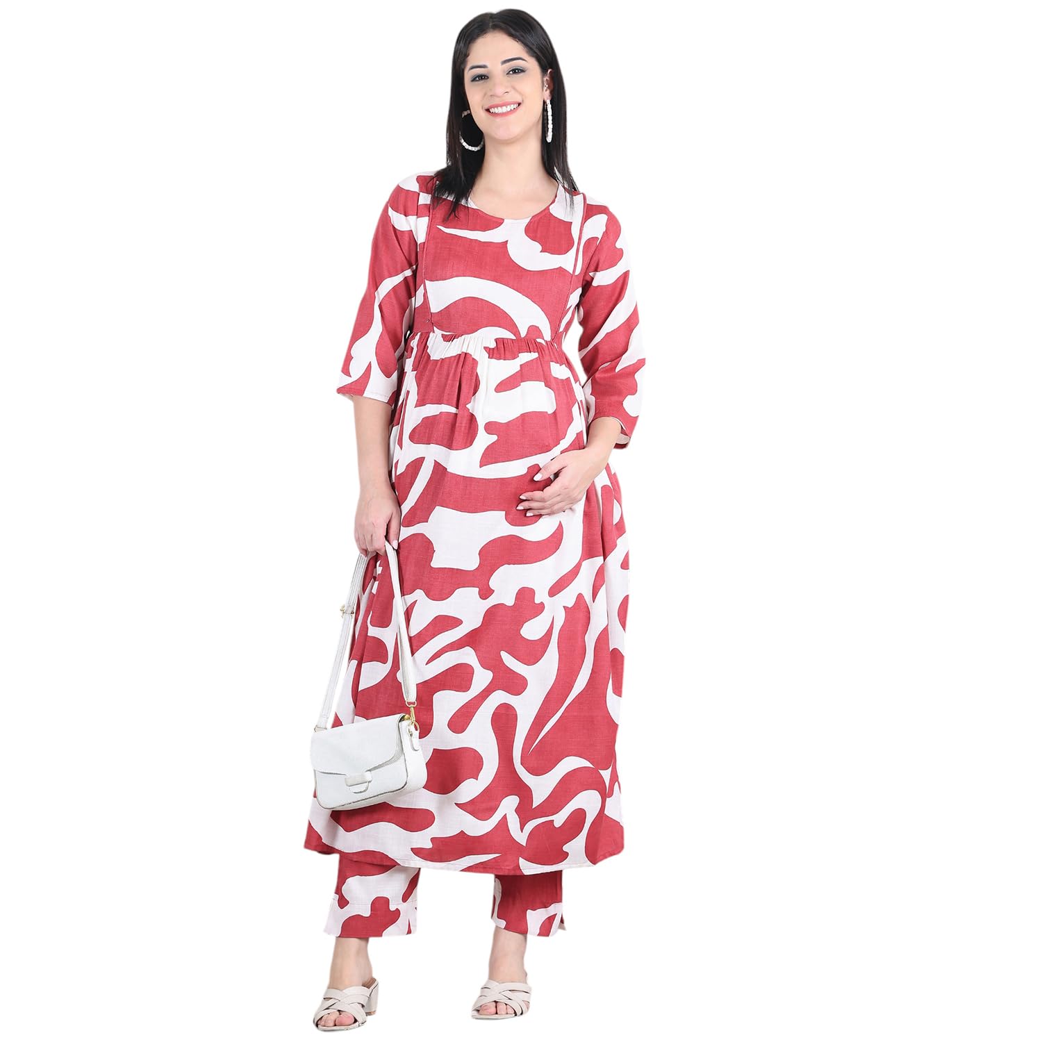 moms maternity Women's Graphic Print Cotton Slub Maroon Maternity Anarkali Midi Kurta Dress-picture-19