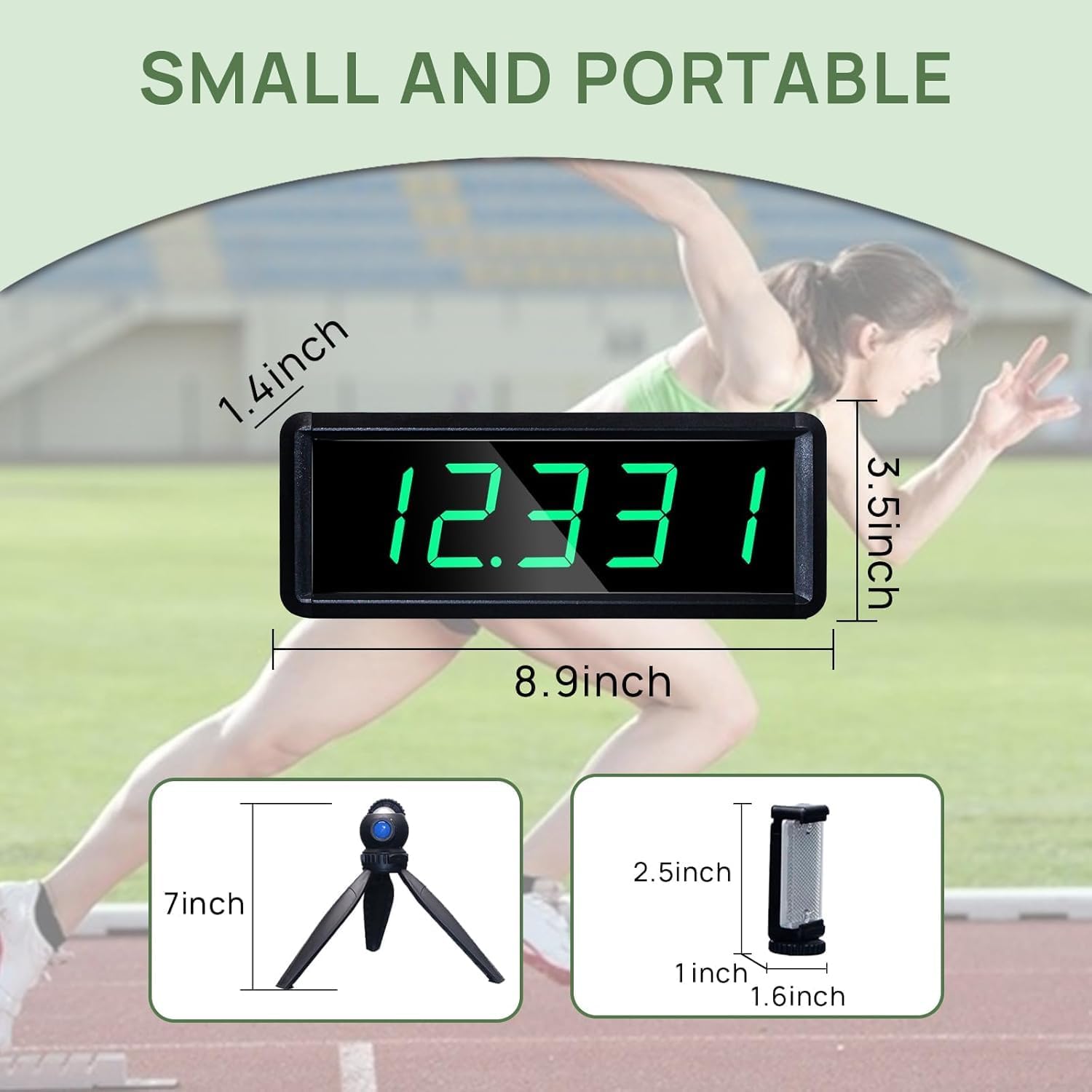 YZ Wireless Laser Timing System dimensions: timer unit 8.9x3.5x1.4 inches, tripod 7 inches, E-clip 2.5x1.6x1 inches.