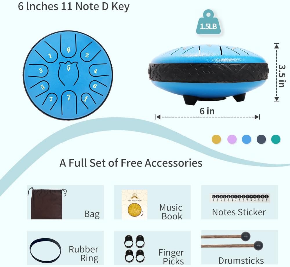 Steel Tongue Drum 6 Inche 11 Note Steel Drums Rain Chime,Raindrop Drum,Rain Drum for Outside Garden（Sky Blue）