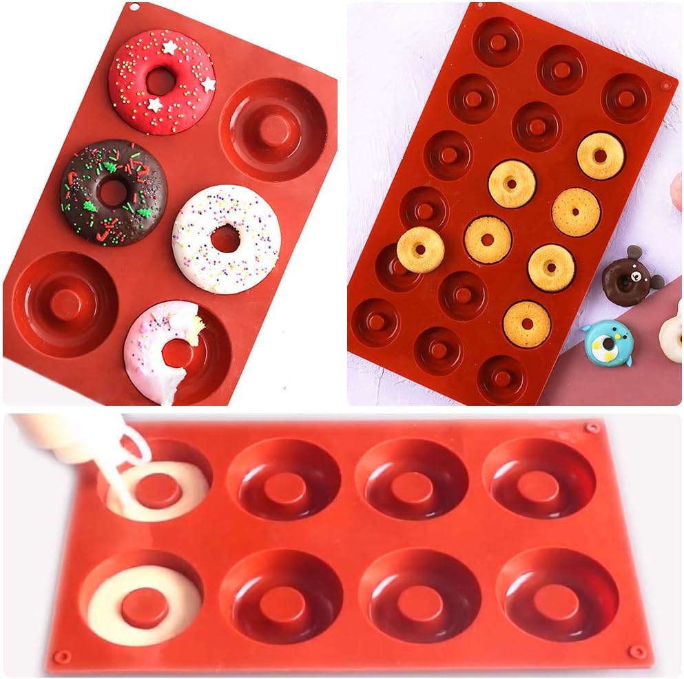 BAKER DEPOT 3 Pack Silicone Donut Baking Pan Non-stick Large Molds for Doughnut Cake Biscuit Bagel Mini Candy Chocolate Tray (3 Different Size)