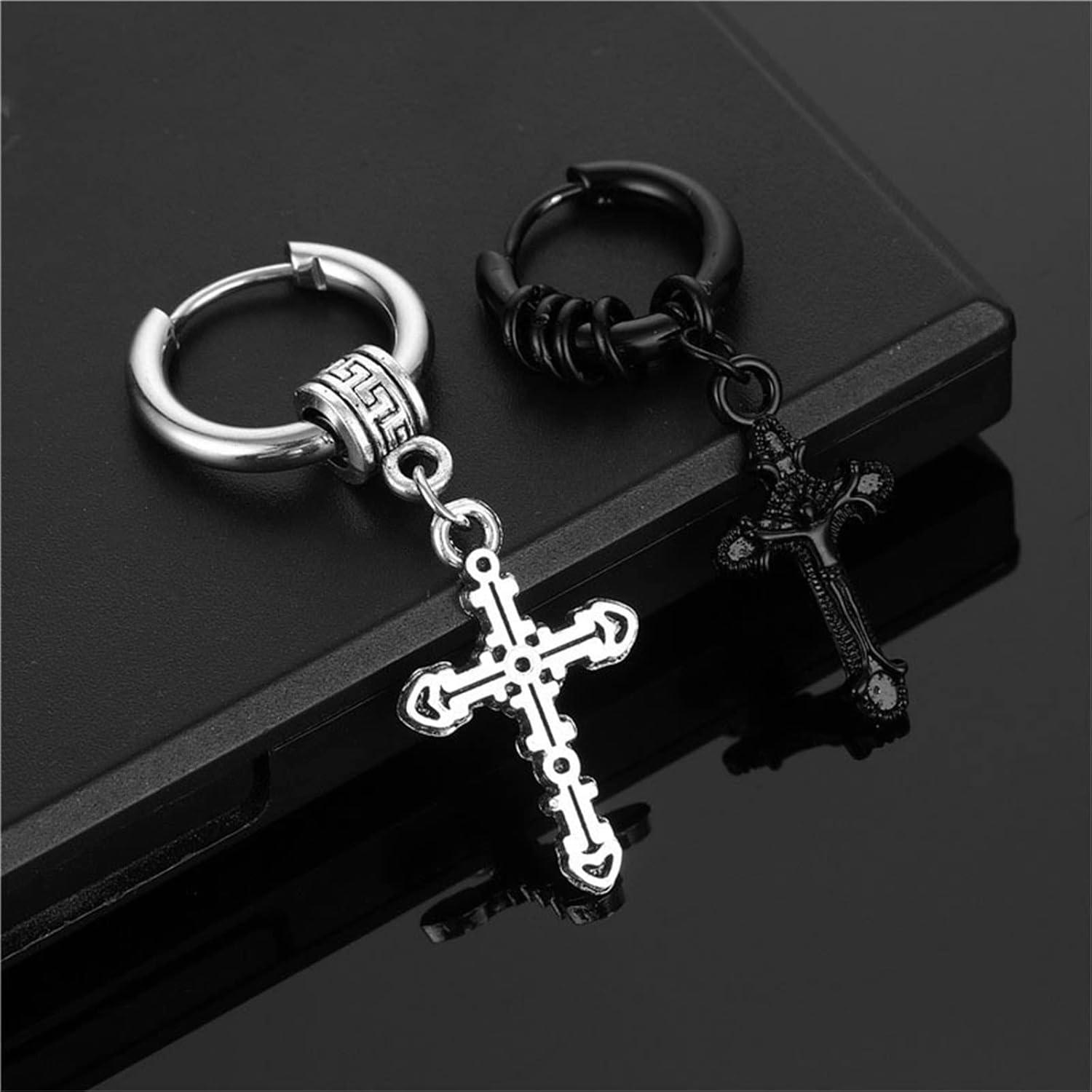 MALOYANVE Titanium Steel Cross Hoop Earrings Punk Cool Minimalist Cross Dangling Hanging Dangle Drop Huggie Hinged Hoop Cross Earrings for Men Women Gothic Jewelry (Black) - Image 3