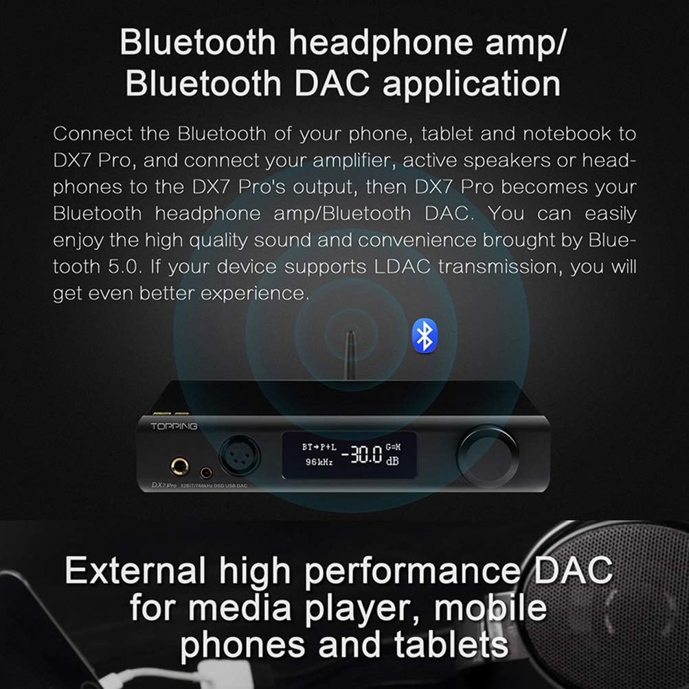 Topping DX7 Pro displaying Bluetooth input, emphasizing its Bluetooth 5.0 with LDAC feature.