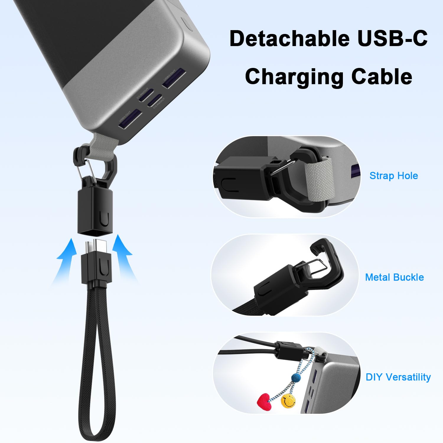 NOBIS Cargador Portátil 20000mAh 65W Power Bank con Cable Lanyard | 2C+2A Carga Rápida USB-C, Batería para Portátil con Pantalla LED, para Notebooks, Tablets, Teléfonos y Steam Deck