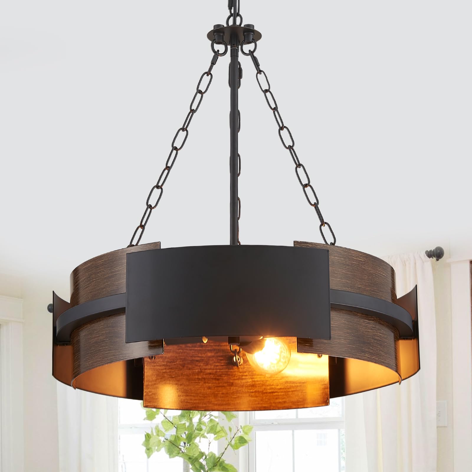 Photo 1 of Majhoiw Modern Farmhouse Chandelier 19.7" Industrial Drum Pendant Lighting Fixture Large 4-Light Black Walnut Grain Finish for Dining Room Kitchen Island Office Living Room