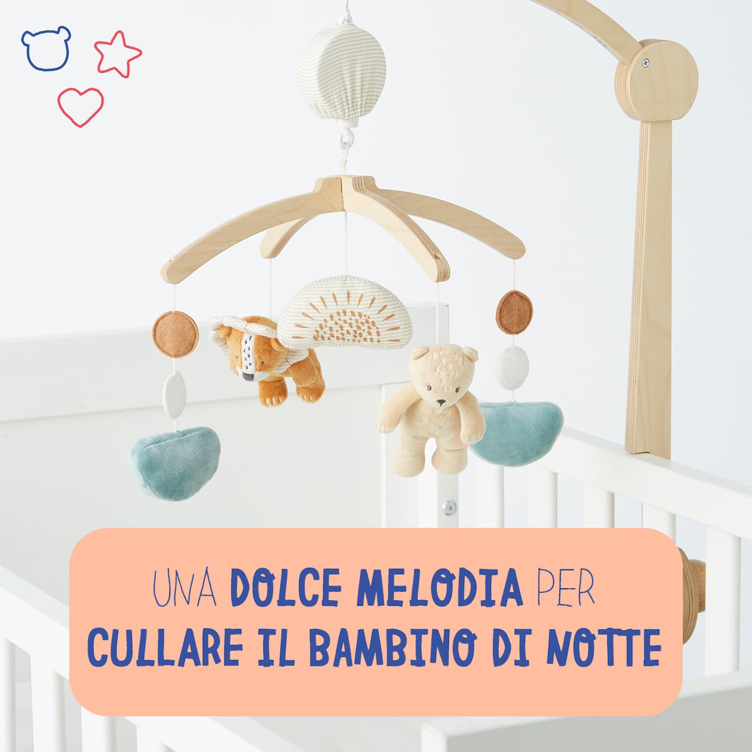 Noukie's - Giostrina musicale in legno pastello Babou & Kendi - Giostrina per culla, lettino con le sponde, box - Gioco stimolante