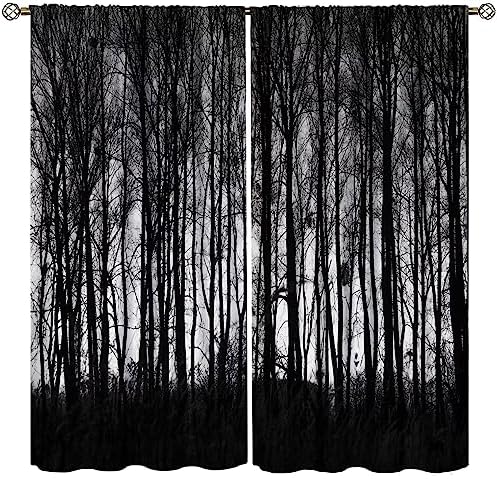 Gothic Blackout Curtains, Gothic Forest Trees Trough Foggy Mysterious Nature Artwork Window Treatments Living Room Bedroom Window Drapes 2 Panel Set 42×45 Inch