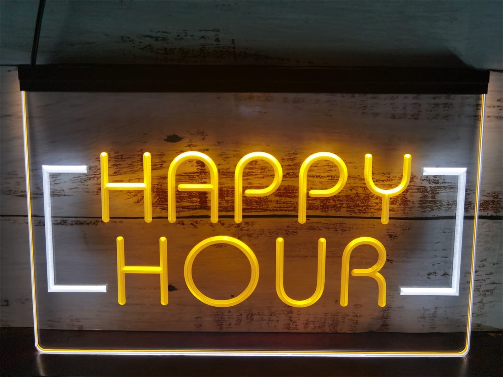 REWIS Letrero de neón LED de Hora Feliz, Luces de neón grabadas en 3D de Doble Color USB Personalizadas, para la promoción de la Tienda de Bar Colgante Decorativo Regulable,White Yellow,40x30cm