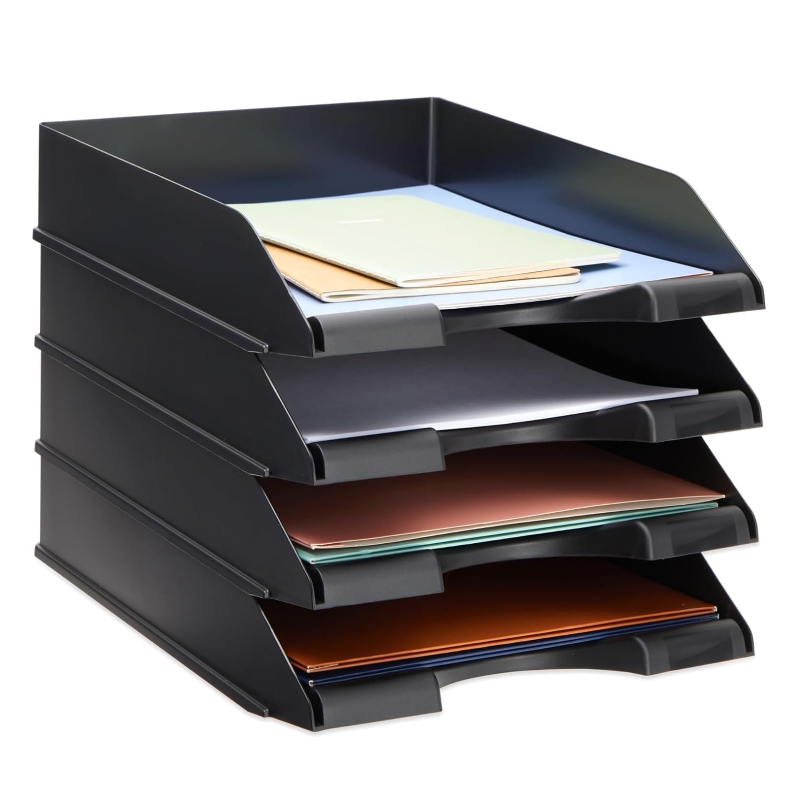 THE WHITE SHOP 4 Pcs Stackable Paper Trays, 4 Tiers Desk Paper File Storage Tray File Organizer Mail Letter Holder Rack For Office School Home Magazine Scrapbook Paper Folders, Black